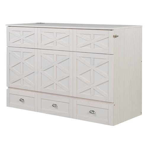 Harper & Bright Designs Full Size Murphy Bed Wall Bed, Solid Pine Murphy Bed Chest Cube Cabinet Bed with USB