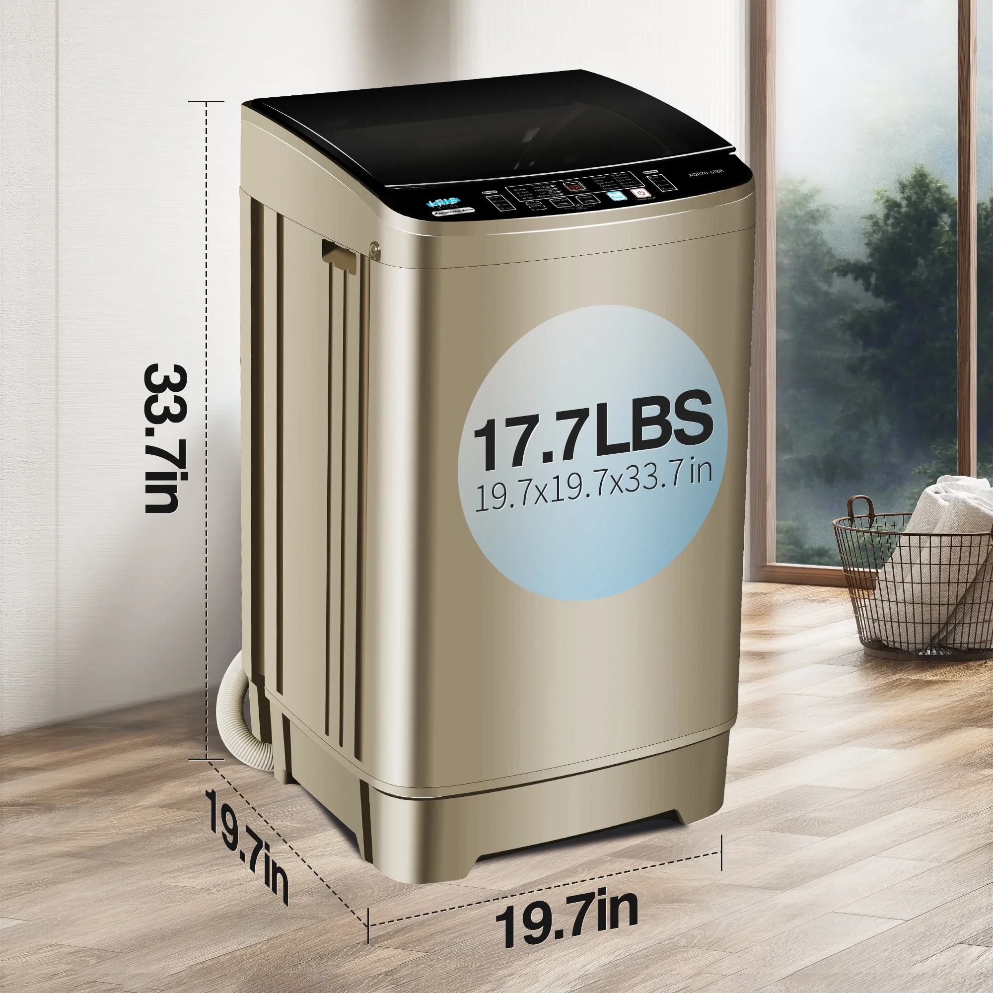 KRIB BLING Portable Washing Machine, 17.7 lbs Large Capacity Full Automatic Washing Machine, Compact Laundry Washer for Home Apartment, Coffee Gold