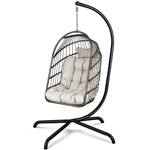 Chihee Egg Chair Foldable Wicker Rattan Hanging Chair Swing Chair Indoor Outdoor Patio Wicker Chair Hammock Chair with Stainless Steel Hanging Kit