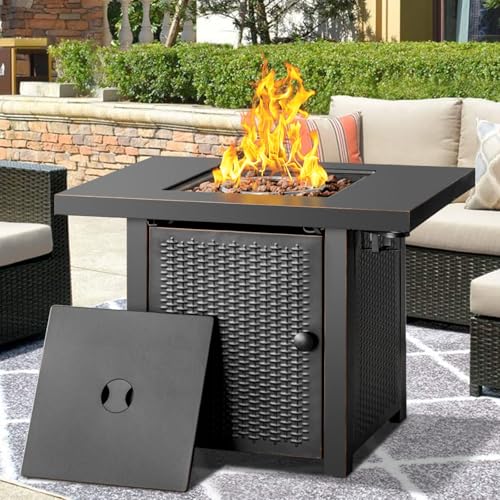 32 Inch Propane Fire Pit Table, Outdoor Gas Fire Pits with 2 Drink Holders, Lid & Lava Rock, 50000 BTU Firepit for Dinning, Party in Outside, Patio