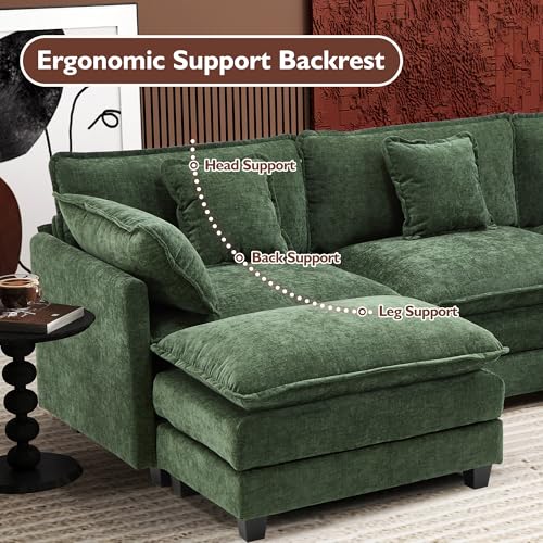Ihanherry 111.4" U Shaped Modern Cloud Sofa Modular Sectional Couch with 2 Ottoman, 5-Seat Chenille Deep Seat Sofa with Pillow for Living Room