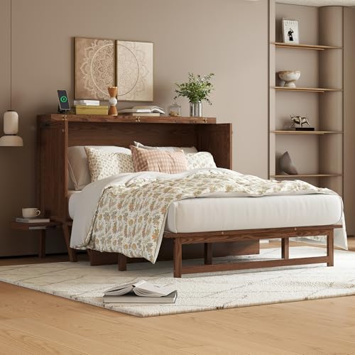 KEIKI Queen Size Cabinet Murphy Bed with Charging Station and Drawer, Multiple Storage Foldable Hideaway Wall Murphy Bed Frame with Solid Slat