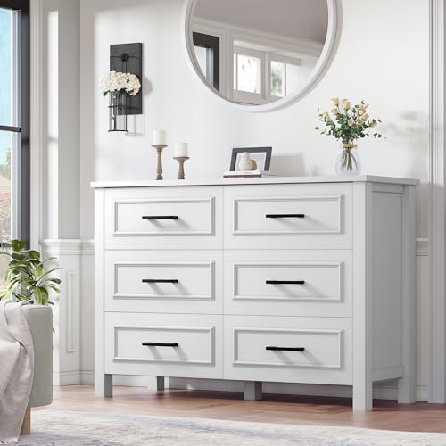YITAHOME 6-Drawer Dresser with Built-in Power Outlet, Wood Dresser TV Stand with 6 Large Drawers and Bar Handles