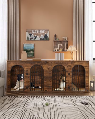 71" Dog Crate Furniture for 2 Dogs, Heavy Duty Indoor Dog Kennel TV Stand, XXL Wooden Dog Cage with Divider for Medium Large Dogs