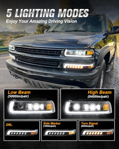 LED Headlights Assembly Headlamps Replacement for 1999-2002 Chevy Silverado 2000-2006 Suburban 00-06 Tahoe Sequential Turn Signal Hi/Low Beam DRL