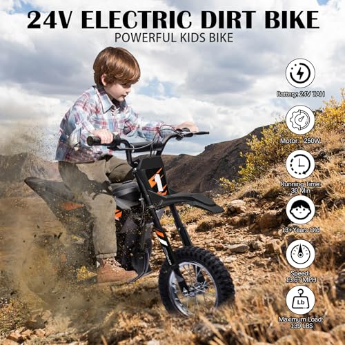 24V Kids Electric Dirt Bike 250W Motor Off-Road Motorcycle, 13.6MPH Fast Speed Powerful Motorcycle for Kids