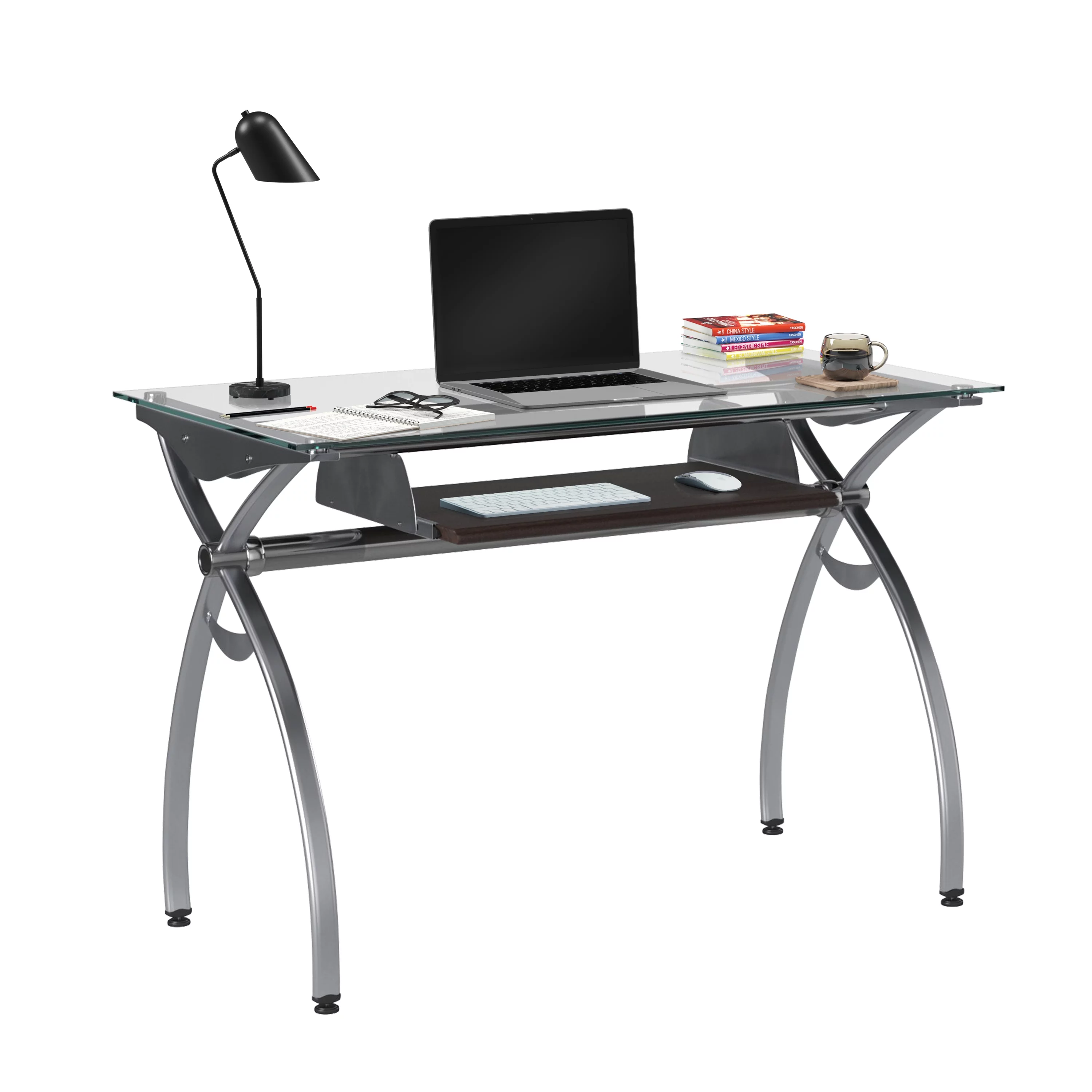 Techni Mobili Glass Top Computer Desk with Keyboard Tray & Silver Legs for Home Office or Study