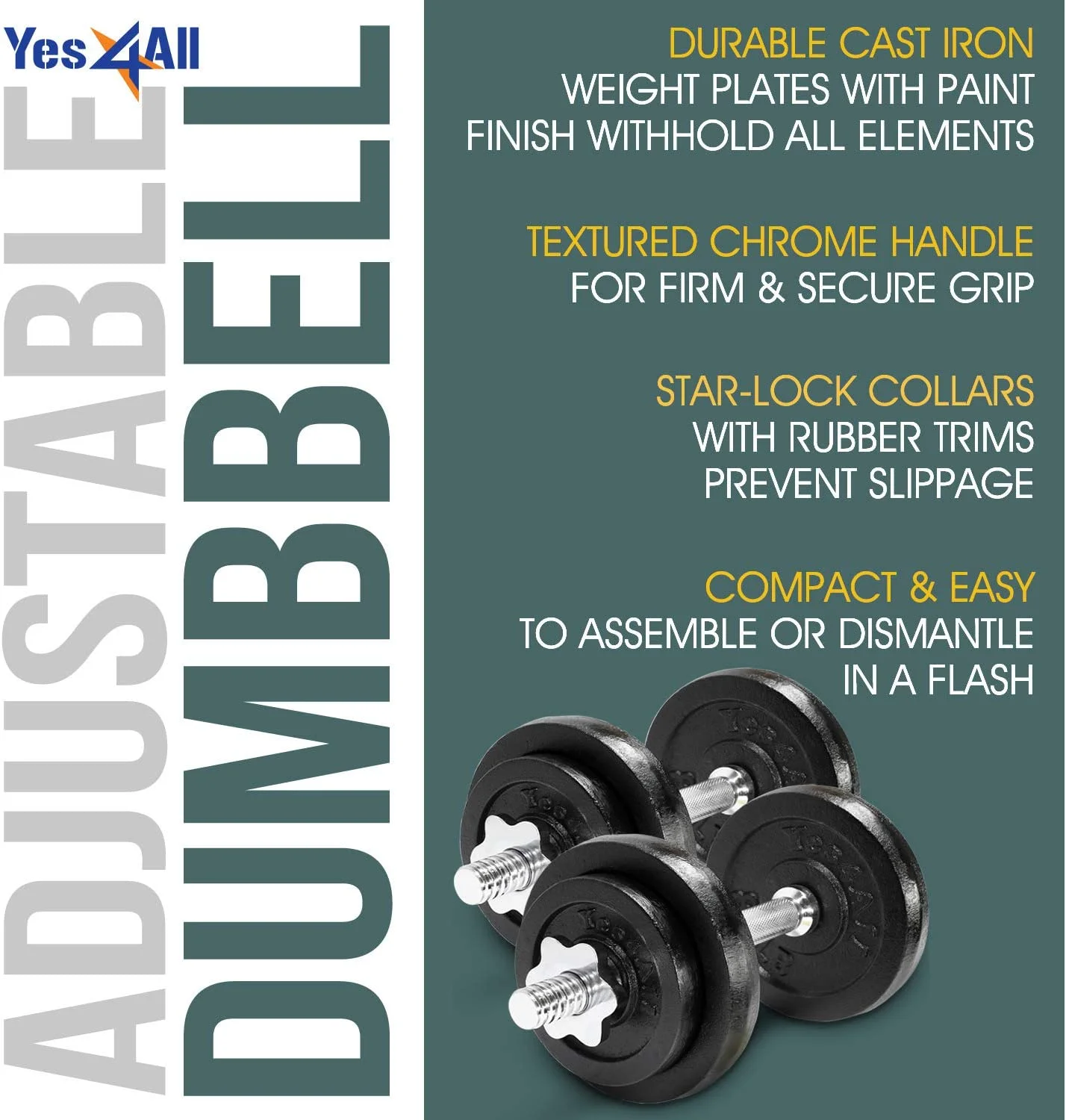 Yes4All 60 lbs Adjustable Dumbbell Weight Set, Cast Iron Dumbbell, Pair