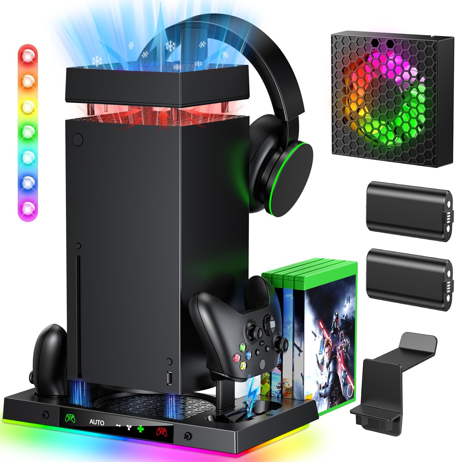 Charging Stand with AI Smart Cooling Fan Accessories for Xbox Series X with High Power, Wireless Dual Charger Dock for Xbox X Controller