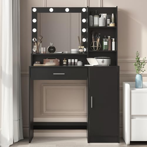 Vanity Desk with Mirror and Light, Large Drawer and Three Level Storage Dresser, 3 Lighting Modes Adjustable Brightness