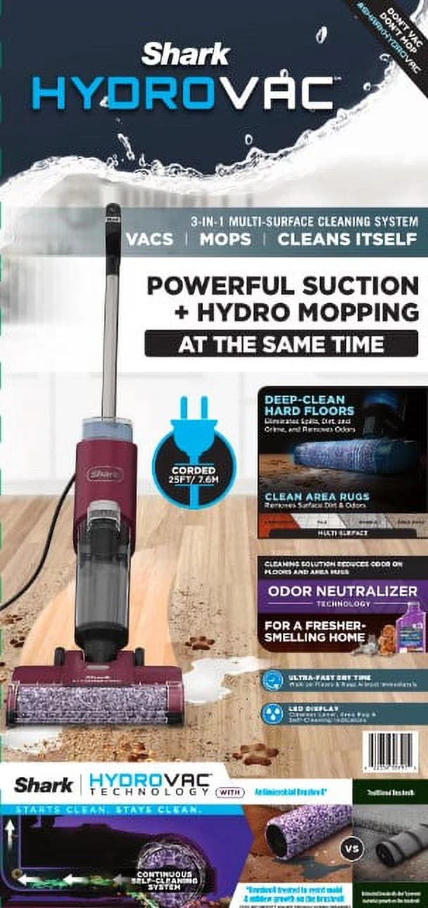 Shark HydroVac 3in1 Vacuum, Mop & Self-Cleaning Corded System, Antimicrobial Brushroll* & Multi-Surface Cleaning Solution, WD100
