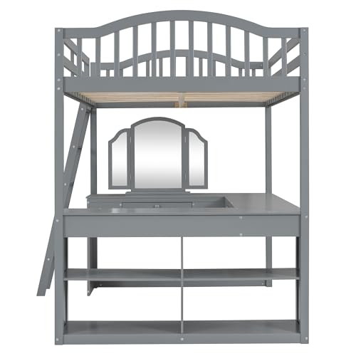 Harper & Bright Designs Full Size Loft Bed with Desk, Storage Shelves and Drawers, Solid Wood Loft Bed Frame with Built-in Wardrobe, Walnut