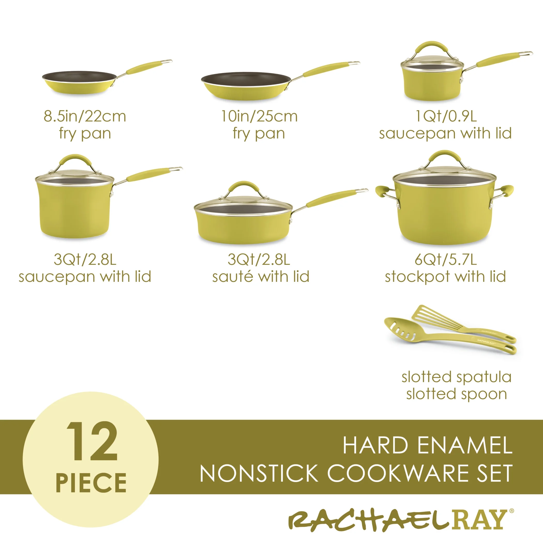 Rachael Ray 12 Piece Cucina Hard Porcelain Enamel Nonstick Pots and Pans, Lemongrass Green