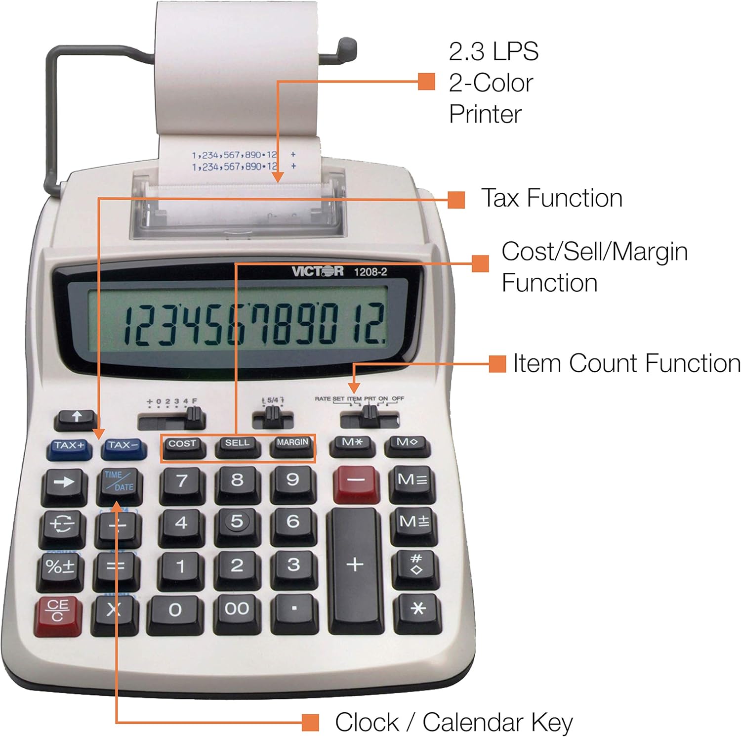 Victor Printing Calculator, 1208-2 Compact and Reliable Adding Machine with 12 Digit LCD Display, Battery or AC Powered, Includes Adapter,White
