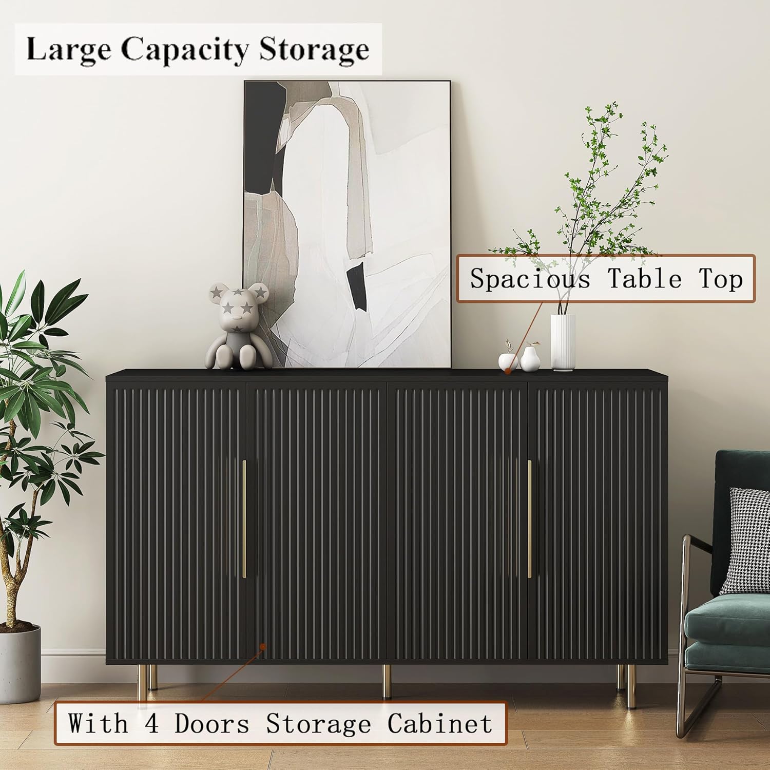 Buffet Cabinet with Storage,Sideboard Buffet Storage Cabinet,Black Storage Cabinet with 4 Fluted Doors & Adjustable Shelf