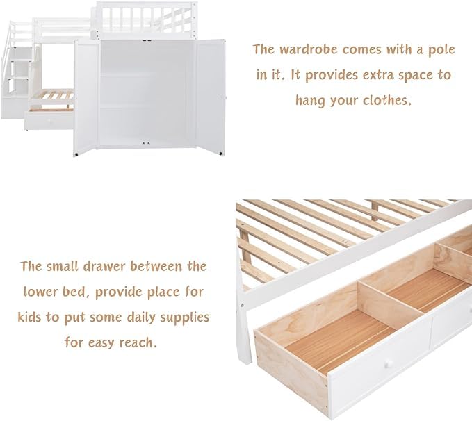 L-Shape Triple Bunk Beds with Stairs and Desk, Wood Twin-Over-Full Bunk Bed with Storage Wardrobe, Shelves and Drawers