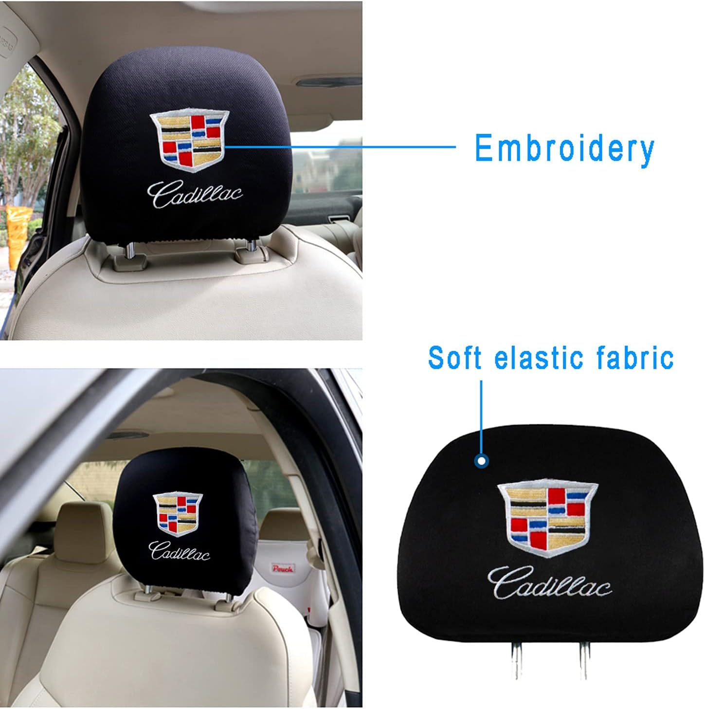 Lan yu 2Pcs Universal Cadillac Embroidered Headrest Cover ,Black Soft Elastic Auto Headrest Covers Fit for Cadillac Vehicles Interior Accessories