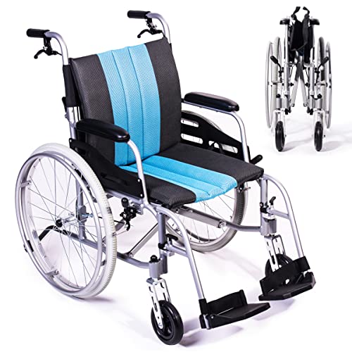 Lightweight Wheelchair 21lbs Self-propelled Chair with Travel Bag and Cushion, Portable 17.5” W Seat, Brake, Anti-Tipper, Swing-Away Footrests