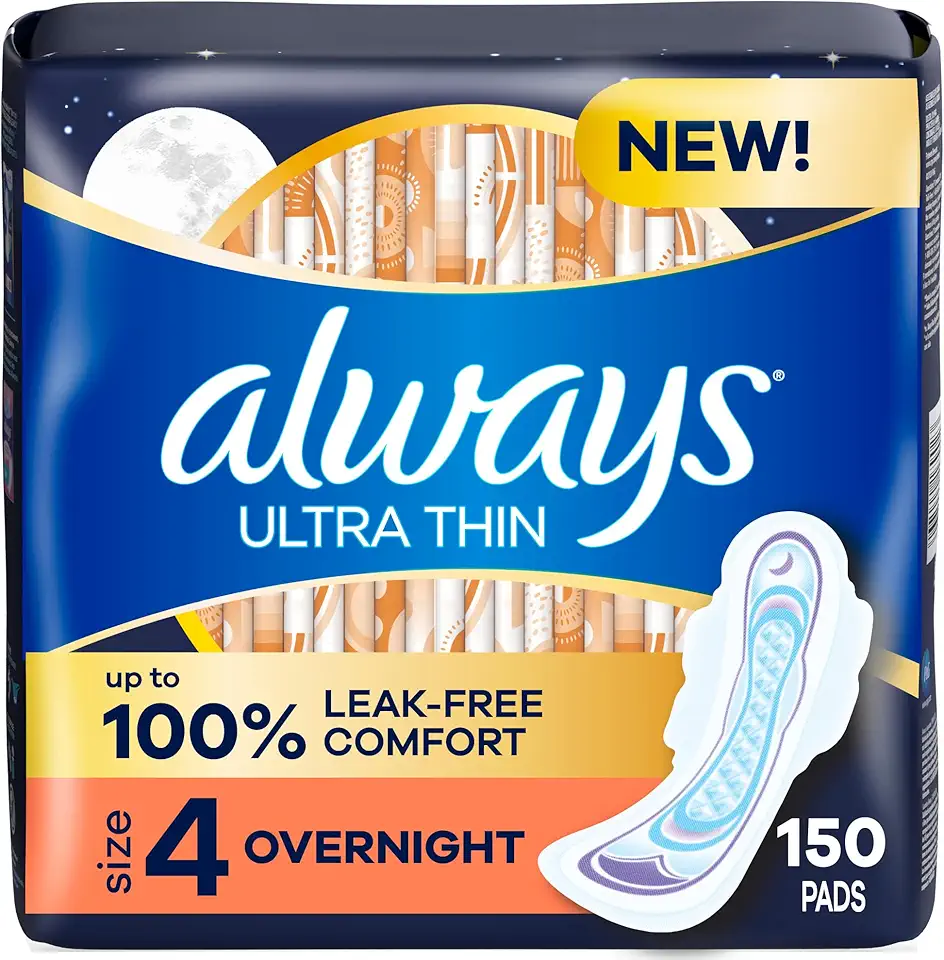 Always Ultra Thin Overnight Pads, Size 4, Overnight, Unscented, 50 Count x 3 Packs (150 Count total) (Packaging May Vary) - Kansas Nuitrition - HNZSDS