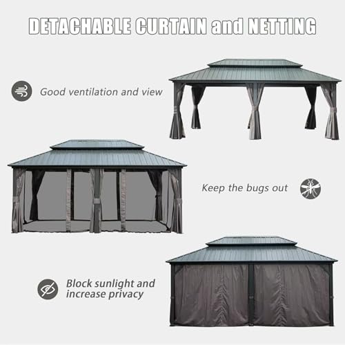 Domi 10’ x 10’ Hardtop Gazebo Metal Frame Canopy with Netting & Curtains