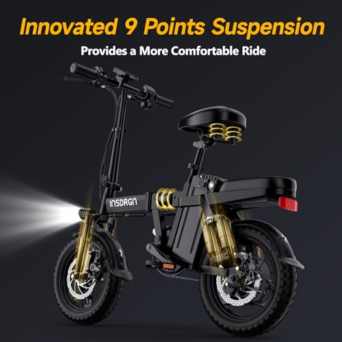 Folding Electric Bike for Adults, 20MPH Dual-Seat Ebike, MAX 45 Miles Range (PAS Mode) 499Wh Removable Battery, 9 Shocks Full Suspension, USB Charger