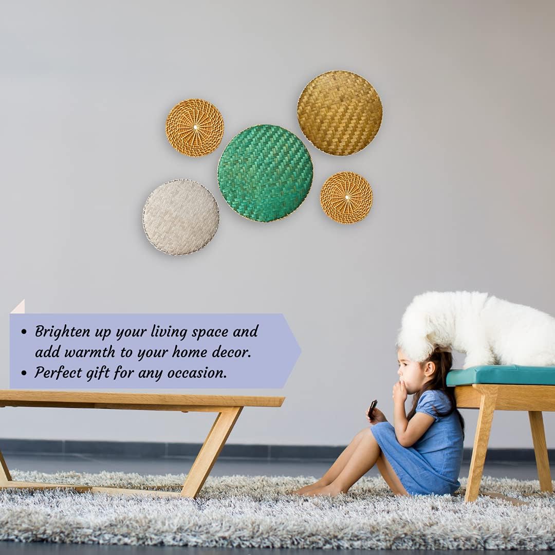 Wicker Wall Decor - Bamboo Wall Basket Decor Boho Flat - Woven Basket Wall Decor Set of 5 - Flat Baskets for Wall