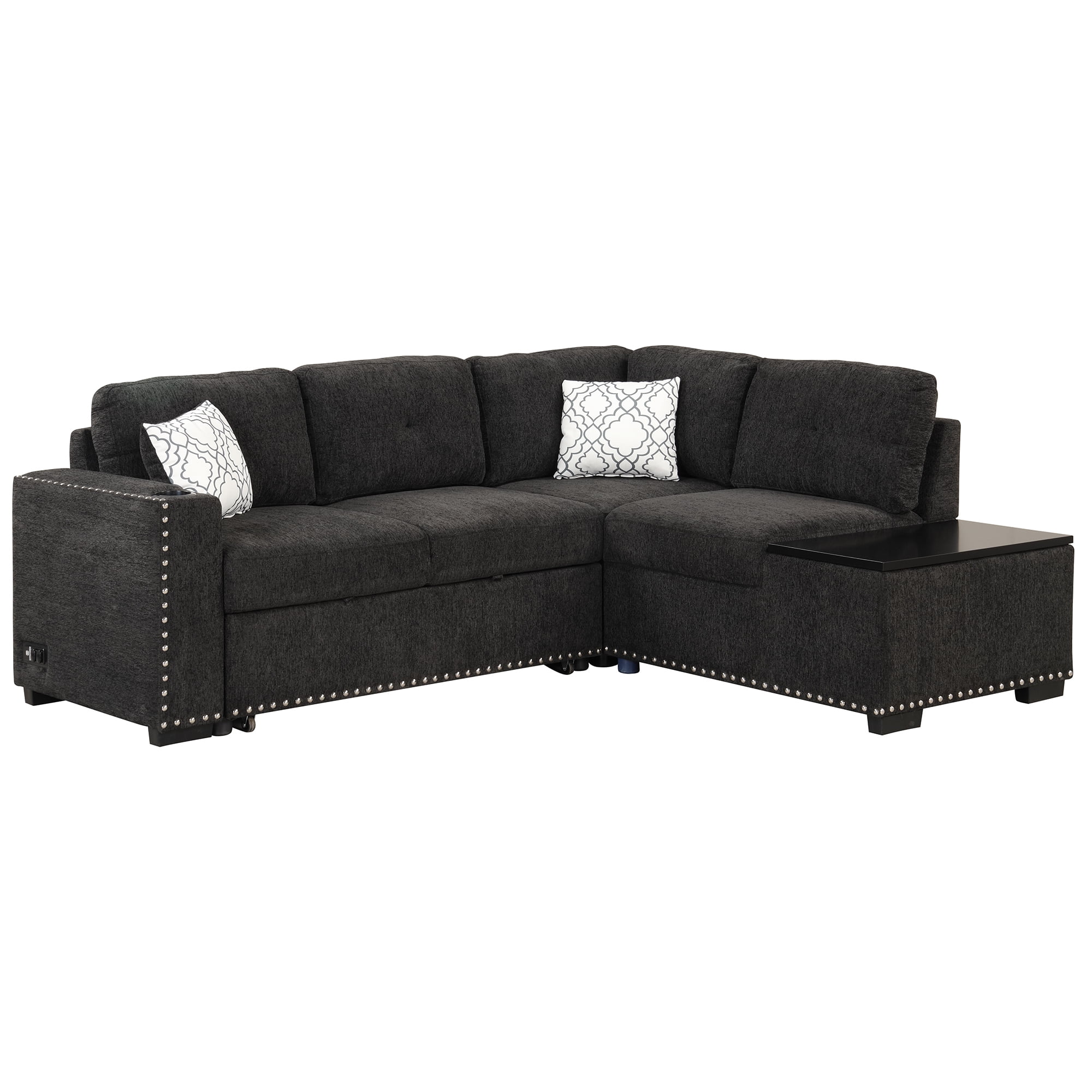 Reversible Sectional Pull-Out Sofa Bed L-Shaped Corner with Storage Chaise, Black