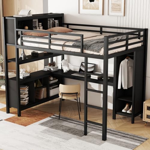 Metal Loft Bed with Wardrobe and L-Shaped Desk, Full Size Loft Bed with Storage Cubes and Shelves, Heavy Duty Loft Bed for Kids Teens, White