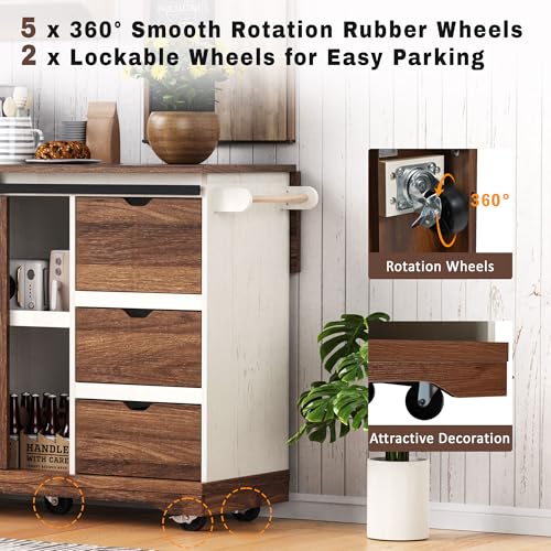 Farmhouse Kitchen Island with Power Outlet, Drop Leaf, Spice Rack and Drawer,Rolling Kitchen Cart on Wheels