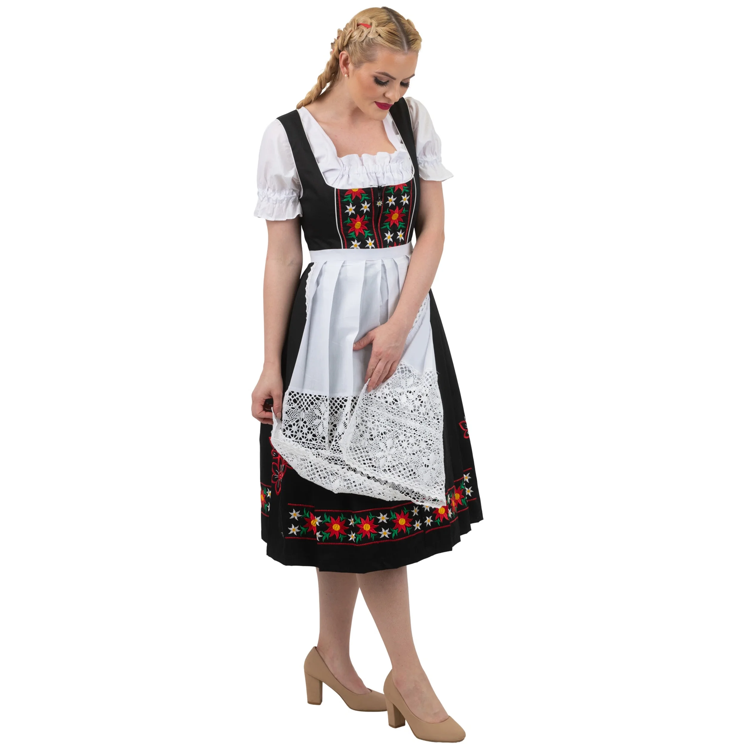 Dirndl Trachten Haus 3 Piece Long German Oktoberfest Dirndl Cotton Dress for Womens and Girls - Black