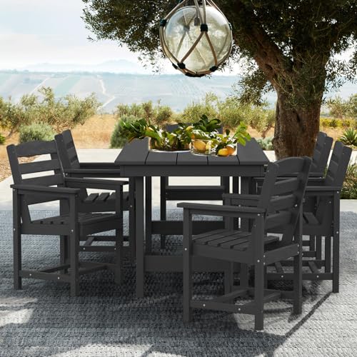SERWALL Outdoor HDPE Dining Table Set, 7-Piece Outdoor Dining Table Sets with Umbrella Hole Cut-Out Table and 6 Chairs, Gray