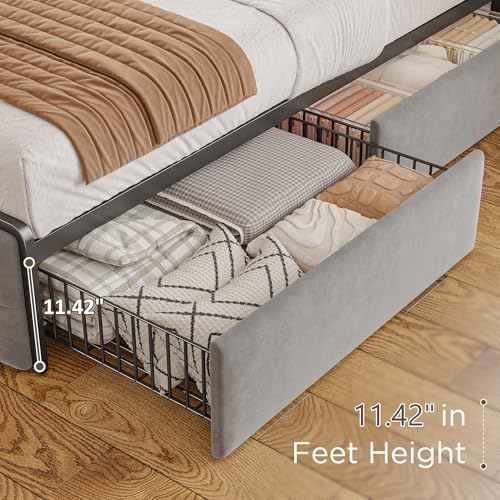 EnHomee King Size Bed Frame with 4 Storage Drawers King Bed Frame with Headboard Built in Charging Station and LED Lights, No Noise