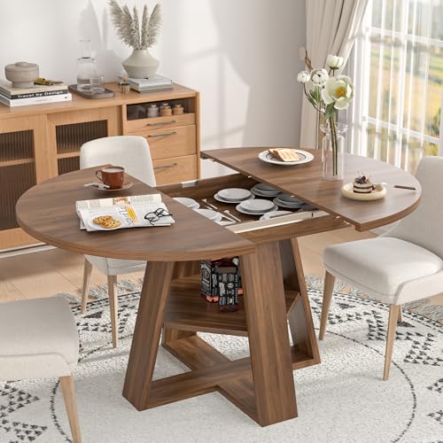 43.3in-59in Extendable Round Dining Table for 4-8,Modern Kitchen Oval Dining Table with Removable Leaves Space Saving