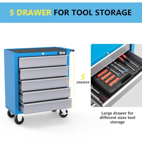 TUFFIOM 5-Drawer Rolling Tool Chest w/Drawers & Lock, Tool Storage Cabinet with Lockable Wheels, Top Cushion & Drawer Liners