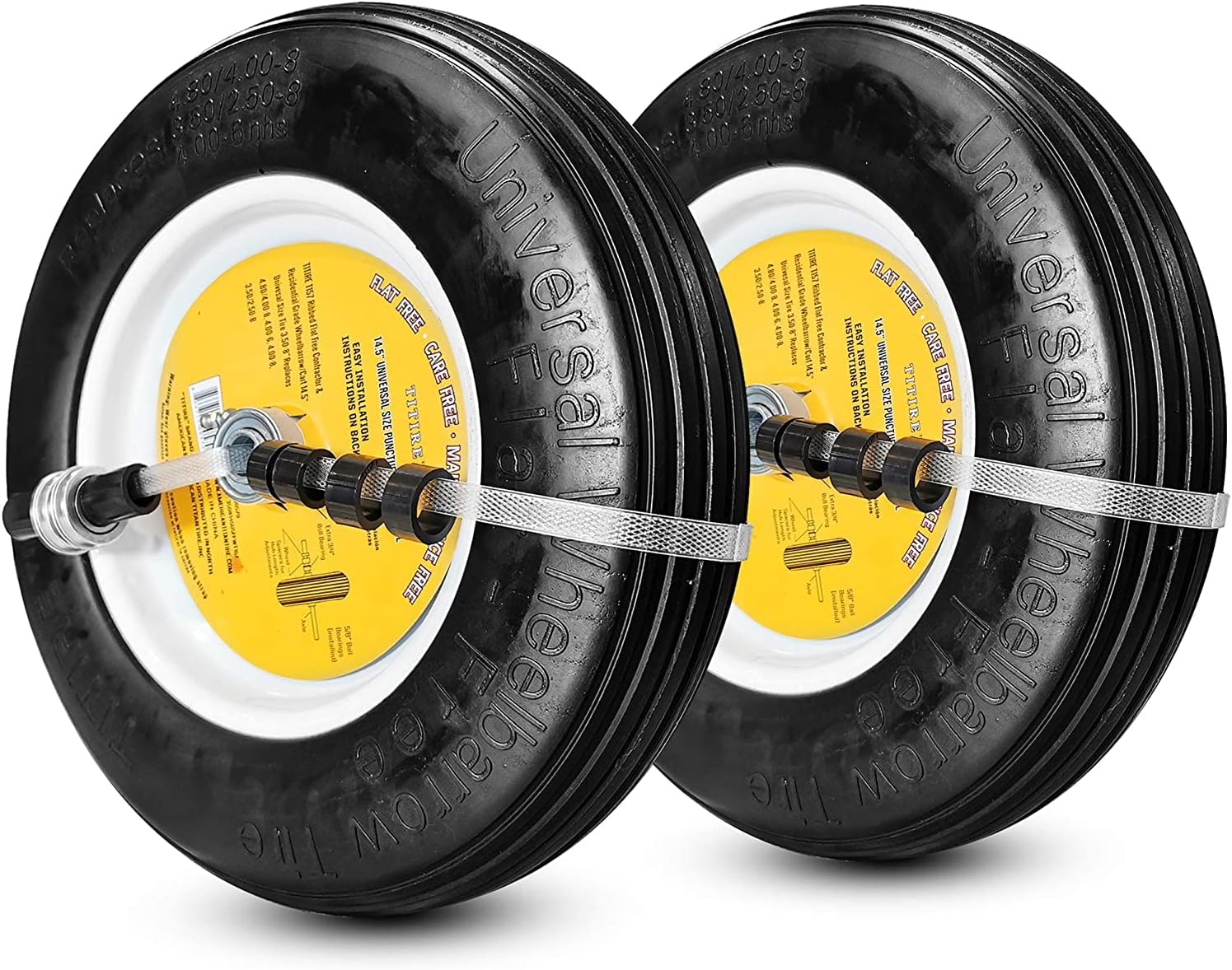 2 New HORSESHOE Flat Free Ribbed Wheelbarrow Cart Universal Wheels w/Grease Fitting Fits 4.80/4.00-8, 3.50-8, 4.00-6, 4.00-8