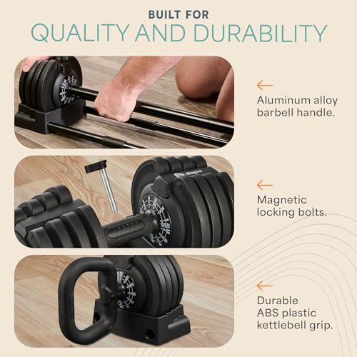 Lifepro Adjustable Dumbbells Set - 5in1-15lb 25lb 43lb 55lb weights Set & Single with Rack - Quick Adjust, Secure Grip