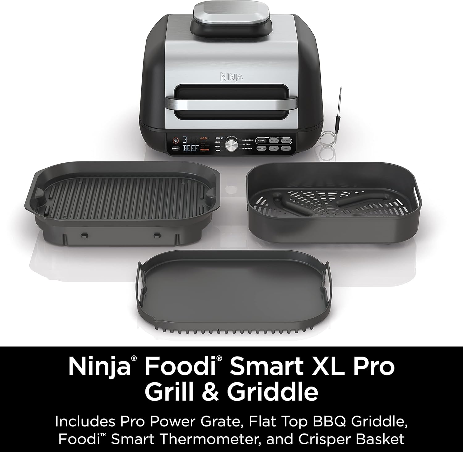 Ninja IG651 Foodi Smart XL Pro 7-in-1 Indoor Grill/Griddle Combo, use Opened or Closed, Air Fry, Dehydrate & More, Pro Power Grate, Flat Top, Crisper