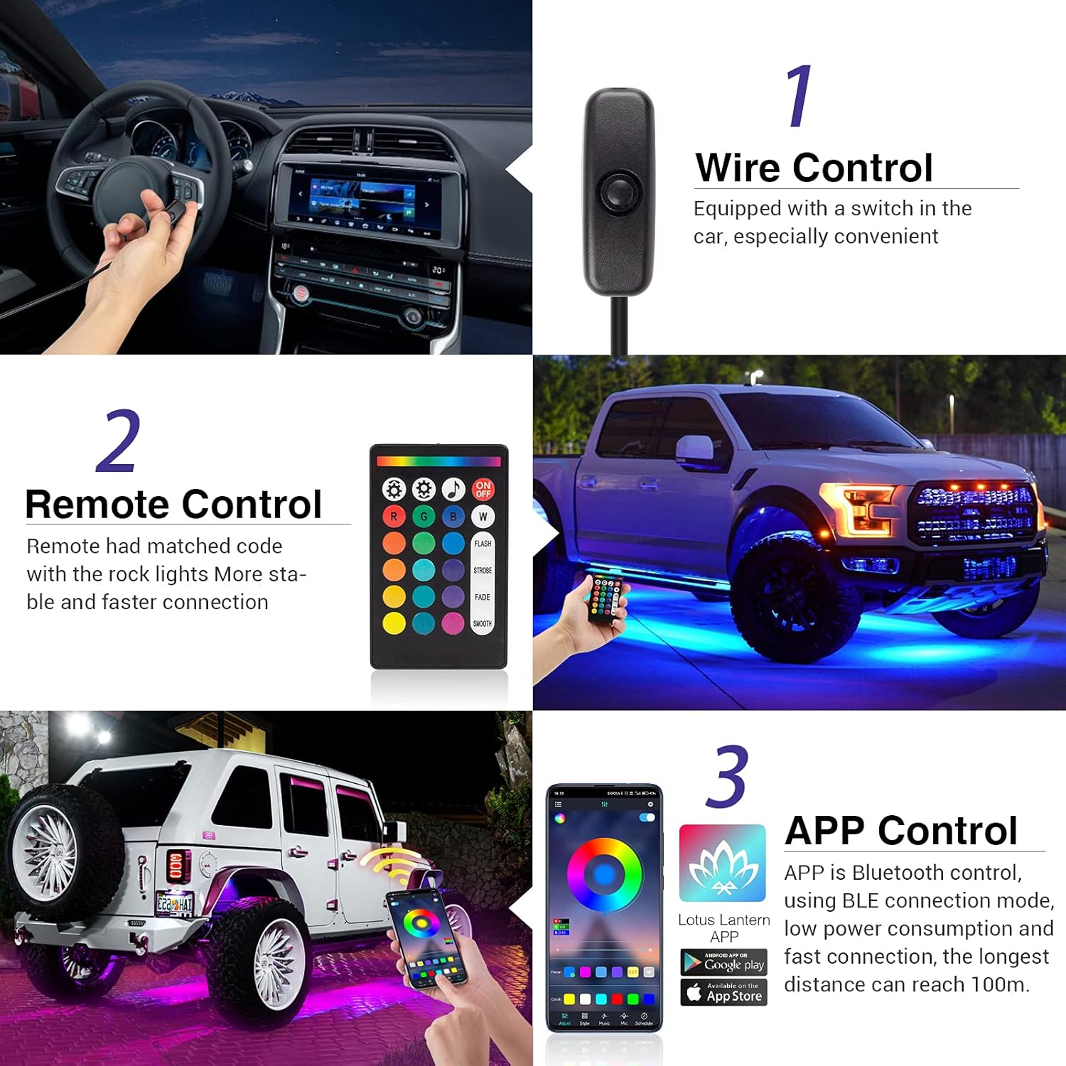 RGB Led Rock Lights for Trucks Exterior, Neon Lights Underglow Kit for Cars 6 Pods，App/1-Button Switch/Rf Remote Control