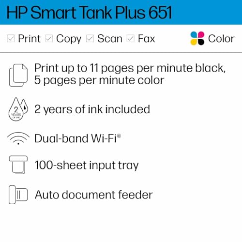 HP Smart -Tank Plus 651 Wireless All-in-One Ink -Tank Printer, up to 2 Years of Ink in Bottles, Auto Document Feeder, Mobile Print, Scan, Copy