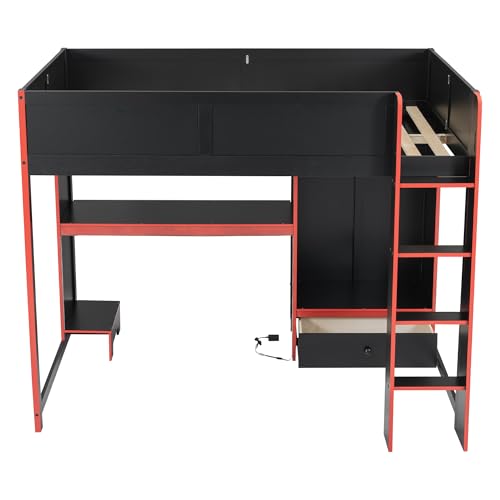 Gaming Bed with Desk,Wardrobe,Ample Storage Space,and RGB LED Light, Full Size Wood Loft Bed for Kids Bedroom (Cloud Blue/K)