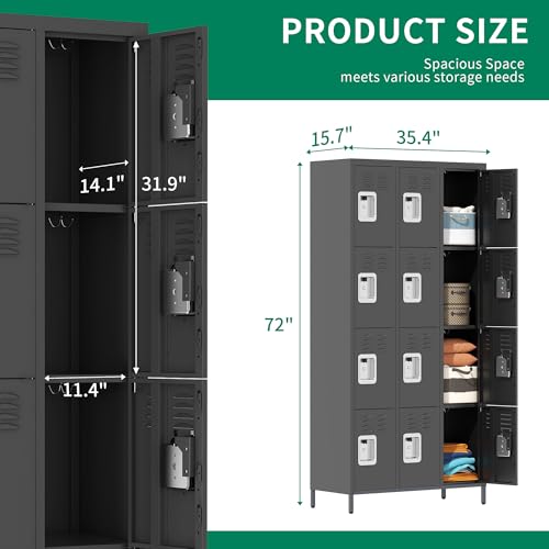 Metal Locker 3 Doors Storage Lockers for Employee,72" Tall Locker with Shelves and Hooks Steel Sports Locker for Office School Office Gym Home Garage