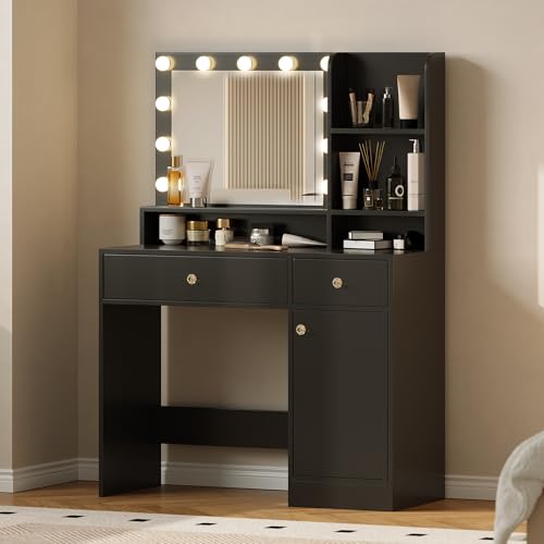 Vanity Desk with Mirror and Lights, Diamond Edition Vanity Desk, Makeup Vanity Table with 3 Drawers & 5 Open Shelves