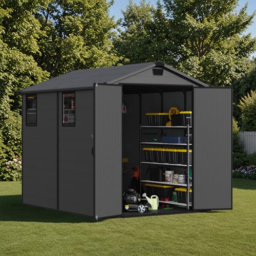 Patiowell 6 x 8 FT Plastic Outdoor Storage Shed with Floor, Resin Outside Tool Shed with Two Windows and Lockable Easy to Install, Door for Garden
