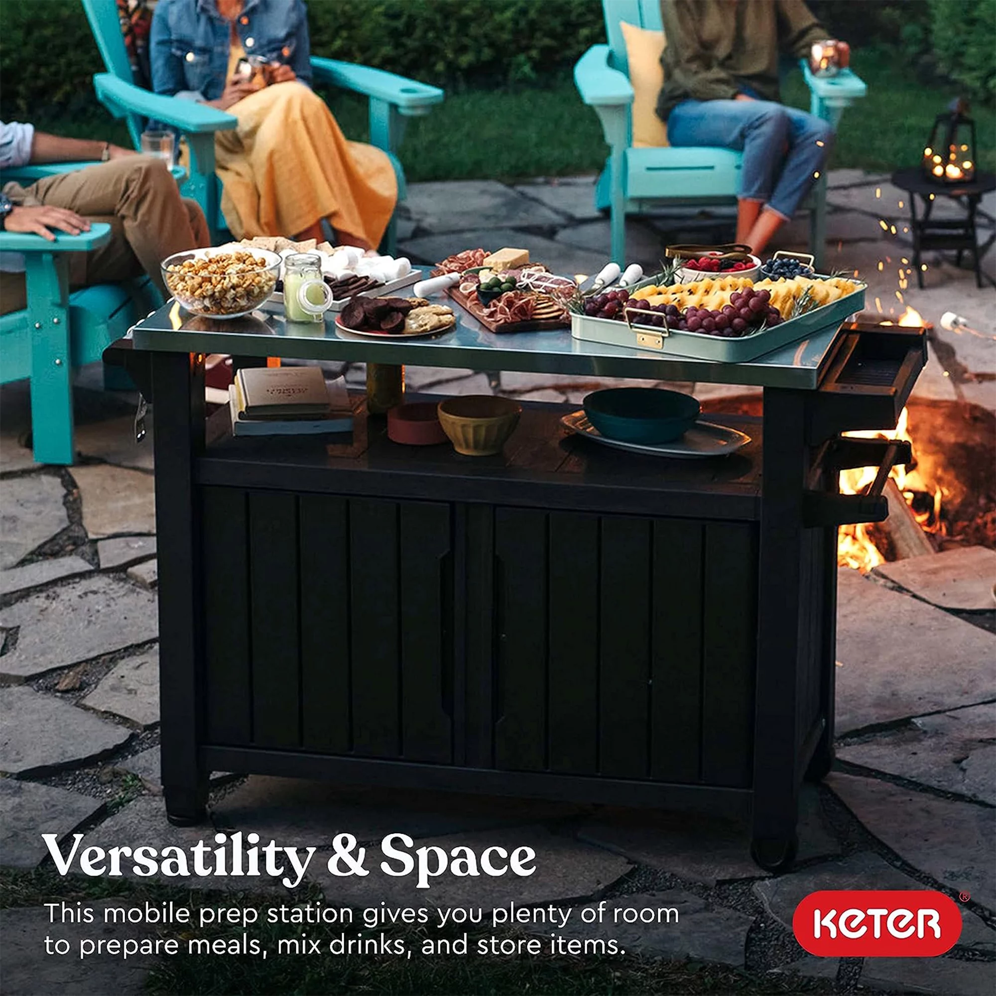 Keter Unity XL Outdoor Kitchen Bar Rolling Cart with Storage Cabinet, Brown - Radiant Selections