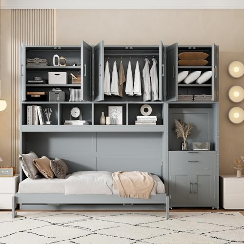 Twin Murphy Bed with Storage Cabinet, Bookcase, Storage Drawers and Desk, Wooden Wall Bed Frame Folding Bed Frame for Guestroom, Office, Apartment
