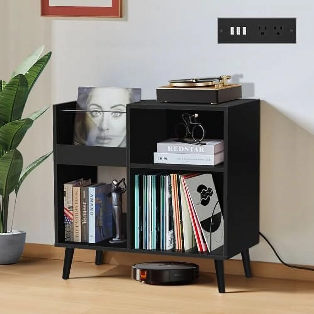 CDHJKKB Mid-Century Vinyl  Cabinet  with Solid Wood Legs  Turntable Stand with Power Outlet Holds up to 200 Albums  Record Player Holder Display