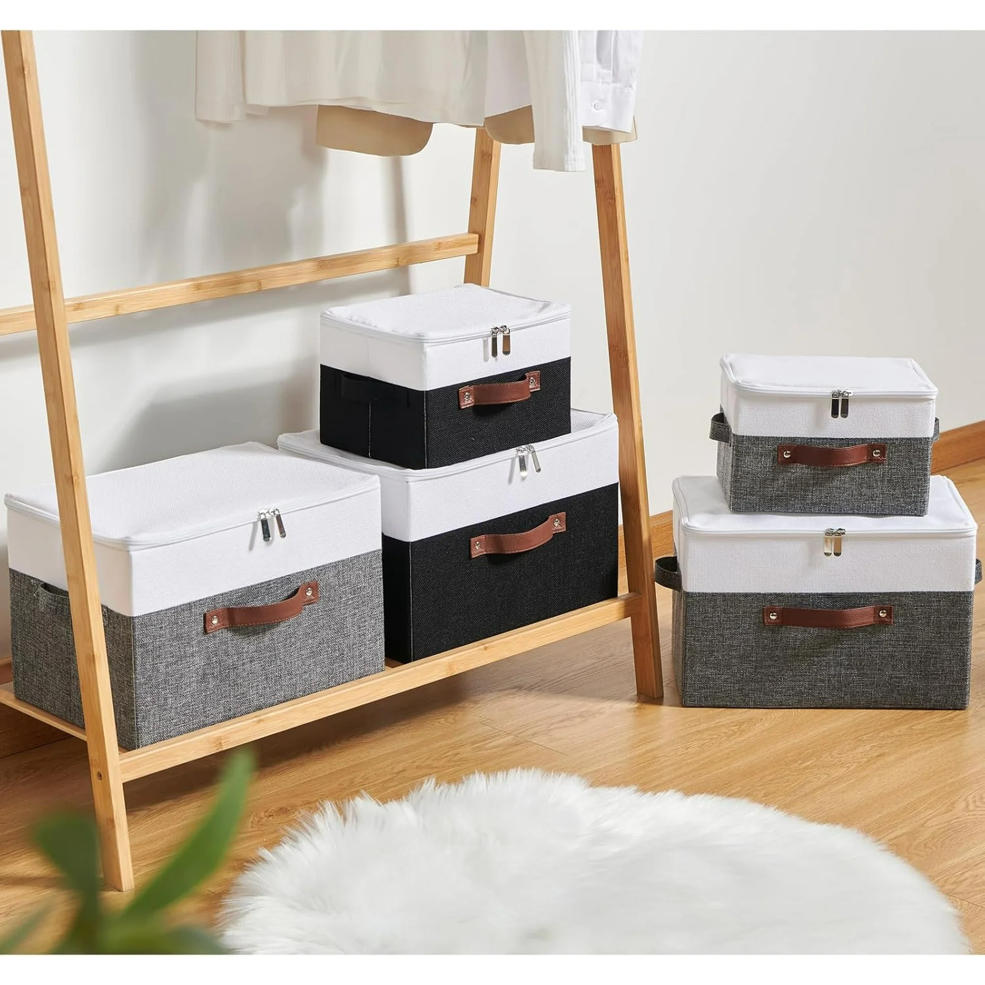Storage Bins with Zipper Lid Cotton Linen Fabric Lidded Storage Baskets Boxes Foldable Washable Closet Shelf Clothes Organizer Container with PU