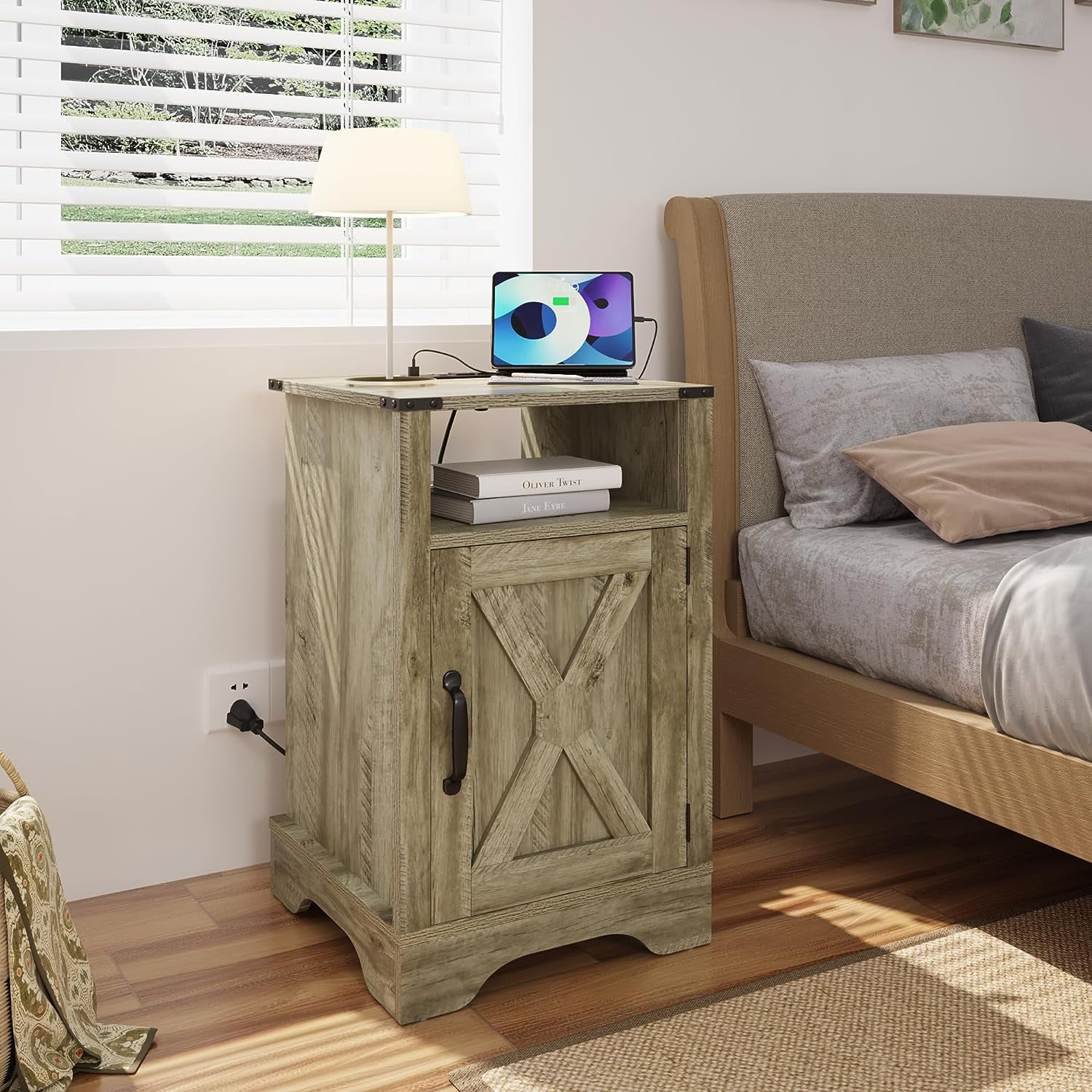 RoyalCraft Farmhouse Nightstand with Charging Station, Tall Bedside Table with X-Shaped Design