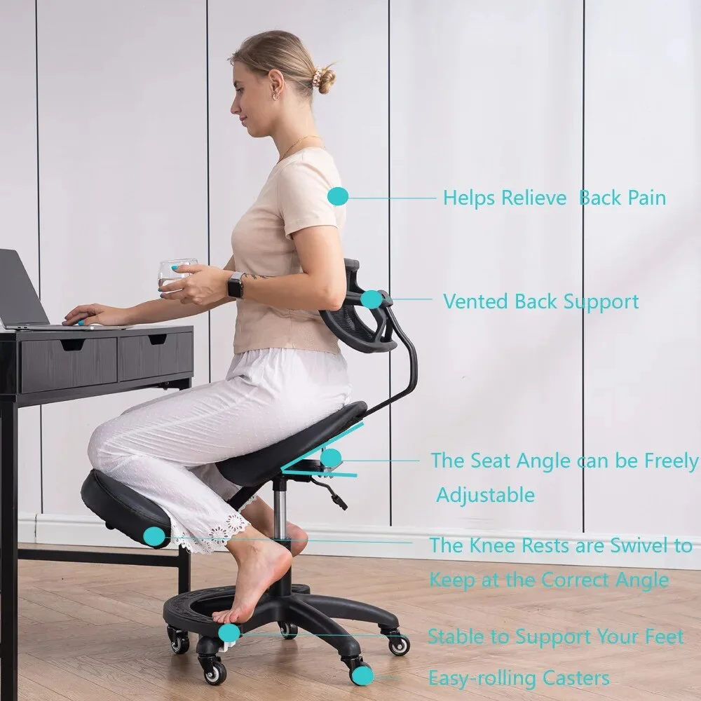 Kneeling Chair with Wheels and Back Support Ergonomic Computer Chair Adjustable Swivel Stool for Home and Office Improve Sitting