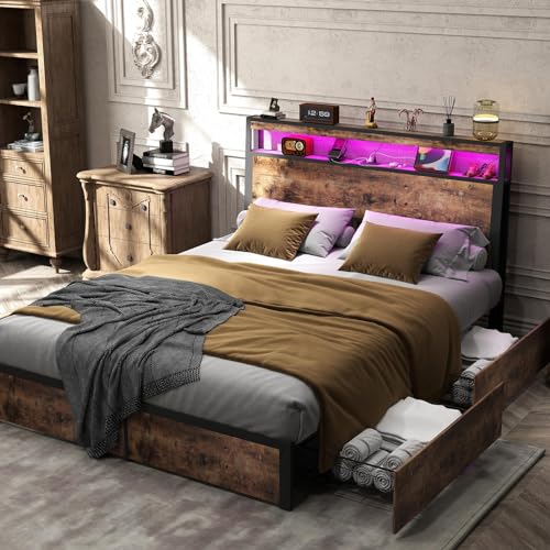 King Size Bed Frame with 4 Storage Drawers and Headboard with Charging Station and LED Lights,2 Tier Solid Wood Headboard Storage,Noise Free
